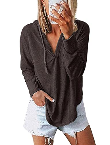 Image of Womens Long Sleeve V Neck Hoodie Sweatshirts Lightweight Pullover Tops