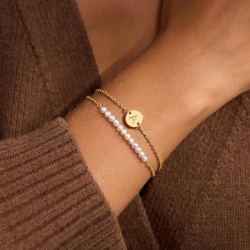 Image of Ritach Gold Initial Bracelets for Women Girls, Freshwater Pearl Bracelet