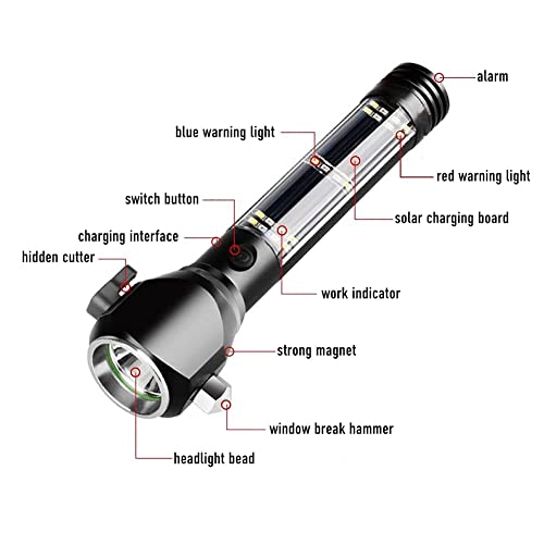 Image of 8 in 1 Multi Function USB Rechargeable Solar Powered Flashlight with Glass Breaker,Seatbelt Cutter,Alarm LED Tactical Flashlight for Camping,HikingWalking (Solar Torch Light)