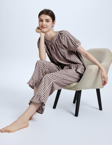 Flygo Womens Plaid 2 Piece Pajamas Sets Gingham Button Down Puff Sleeve Babydoll Shirt Ruffle Pants Y2K Pjs Lounge Set