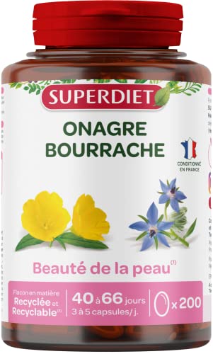 SUPERDIET –HUILE D'ONAGRE BOURRACHE – Beauté de la peau – Phytothérapie – Conditionné en France – 200 capsules