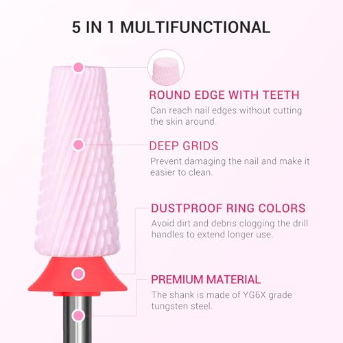 Image of MelodySusie 5 in 1 Nail Drill Bits, 3 /32'' Ceramic Cross Cut Bits, Suitable for Manicure Pedicure Cuticle Gel Polishing, Pink, Series Bit-M, Fine