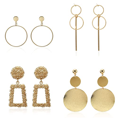 Juego 4 Pares Pendientes Múltiples Surtidos Para Mujer, Aros Acrílicos Ligeros Aretes de Gota con para Mujer Aretes Colgantes Geométricos Rectangulares Dorados Aretes de Aro