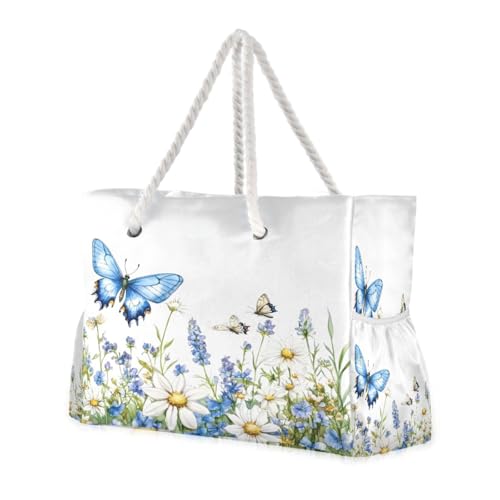 Beach Bag - Large Tote Bags for Women Blue Butterfly Flowers Shoulder Bags Zipper Waterproof Sandproof for Travel Gym Swim Daily