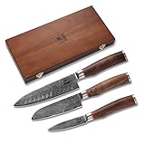 ERGONOMISCHER GRIFF - Bestens ausbalanciertes Damastmesser-Set für Fleisch, Fisch, Gemüse, Sushi und Sashimi mit ergonomisch geformten Griffen aus Nussbaum für ein ermüdungsfreies Arbeiten in der Küche.