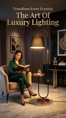 Image of Deco Crush Modern Floor Lamp Standing Antique Brass Finish Gold for Home Decoration, 5ft Height with Black Lampshade (Pack of 1) (Rose Gold Black)