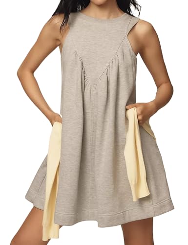 Image of Women's Sleeveless Shift Mini Dress Ruched Crew Neck Casual Shirt Tank Dress Flowy Beach Vacation Cute Trendy Short Sundress Grey