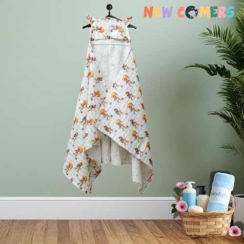 Image of NEW COMERS 100% Pure Cotton Waffle Hooded Wrapper - Baby Towel for New Born | Big Size 50cm x 26cm | Soft, Safe & Skin-Friendly | Perfect for Newborns 0-5 Years | Breathble Absorbant (Multicolor 2)