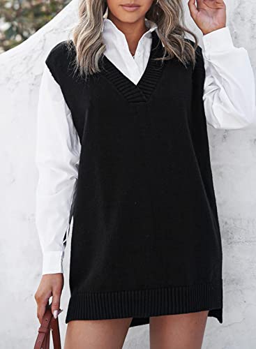 Image of EVALESS Oversized Sweater Vest for Women V Neck Sleeveless Solid Color Loose Pullover Sweater