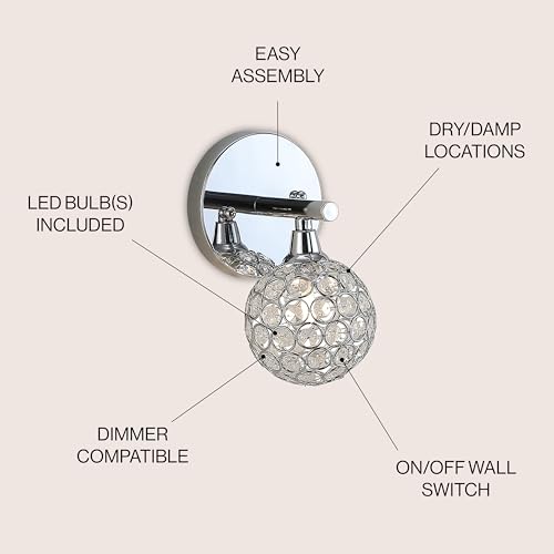 Image of JONATHAN Y 8 inch Chrome Maeve Modern Glam LED Vanity Light Sconce for Bathroom, Clear Crystal Globe Shade, Art Deco Wall Light for Hallway Entryway JYL7534A
