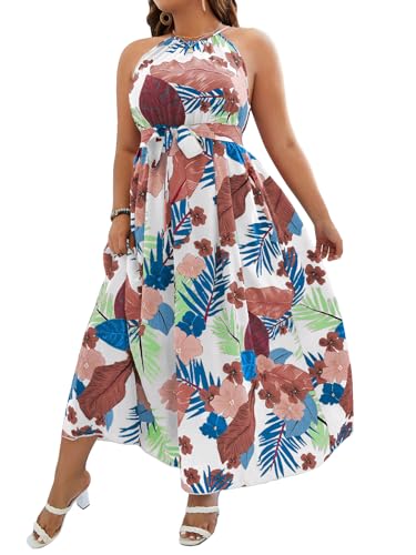 Image of Floerns Women's Plus Size Boho Sleeveless Halter Neck Tie Back A Line Long Dress