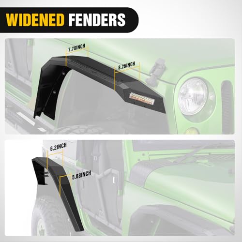 Image of Nilight JK Wide Flat Front & Rear Fender Flares Fit for 2007 - 2018 Jeep Wrangler JK 2Door (Not fit 4 Door) 4Pcs Off-Road Wheel Fenders Mud Guards w /LED Lights Turn Signal Lights DRL, heavy-duty steel