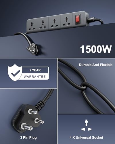 Image of FEDUS Surge Protector, 4 Universal Sockets with Individual Switch, 10 Meter 32 Feet Long Cable, Extension Board Cord, Automatic Overload Protection, Fireproof Power Strip Switch Board, Spike Guard