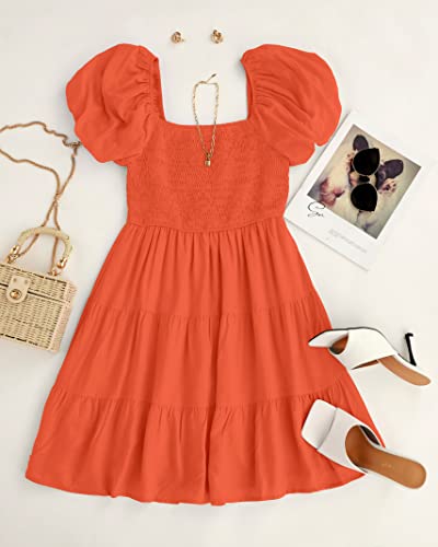 Zesica Women's 2023 Boho Summer Square Neck Puff Sleeve Off Shoulder Smocked Tiered Casual A Line Short Mini Dress,Orange,Medium #TOP4