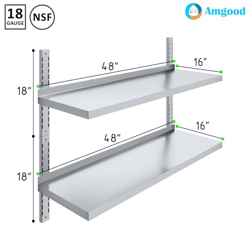 Image of AmGood 16 in. x 48 in. Two-Tier Stainless Steel Wall Mount Shelf | Heavy-Duty Metal Shelving for Kitchen, Garage, Pantry, Closet, and More