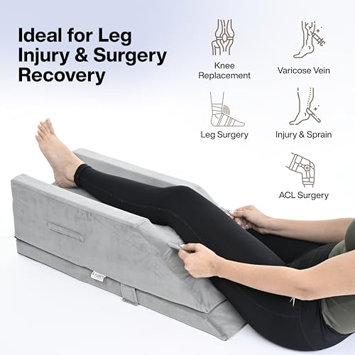 Image of FOVERA Adjustable Single Leg Elevation Pillow | 4-Height Customizable Support | High Resilience Foam | Ideal for Surgery Recovery, Injuries, and Rest | Washable Cover (Grey)