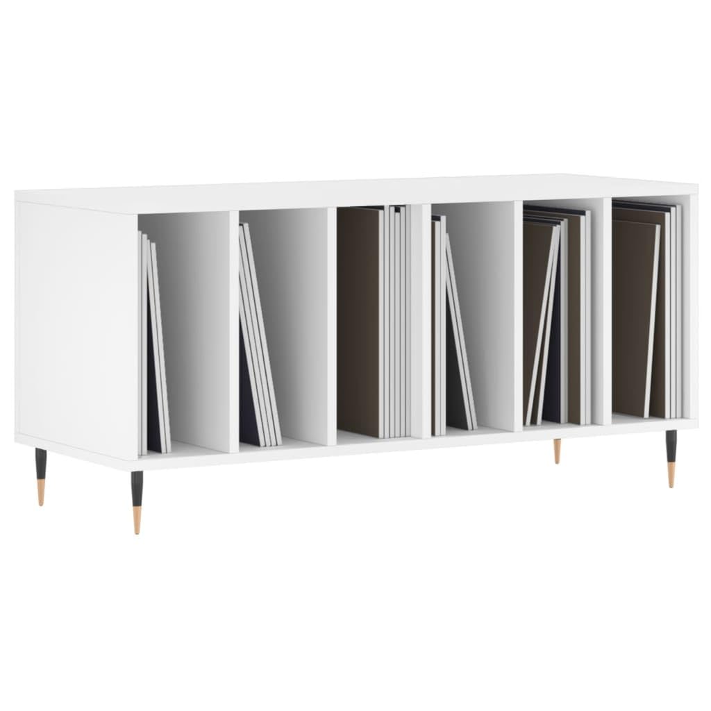 Armadietto per dischi in legno, bianco, 100 x 38 x 48 cm, con gambe in ferro, spazio per dischi in vinile, piastra superiore stabile per giradischi, mobile moderno per TV, soggiorno
