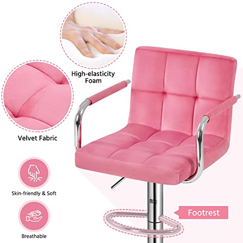 Butacos giratorios ajustables Topeakmart, set de 2, tapizados en tela no tejida y espuma, color rosa, con reposabrazos, rotación 360°, base de 16 pulgadas, capacidad de 330 lb, para cocina o bar miniatura 4