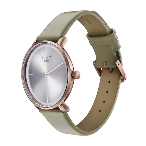 Image of Sonata Sleek Silver Dial Leather Strap Analog Watch for Women-8191QL01