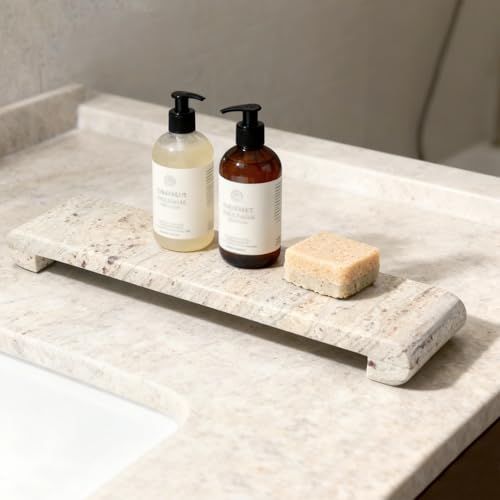 Erongoo Marble Tray Pedestal Stand 16x4 Marble Vanity Tray with Feet for Bathroom Counter Rectangular Marble Riser for Kitchen Sink Soap Dispenser Perfume Jewelry Stone Organizer (River White)