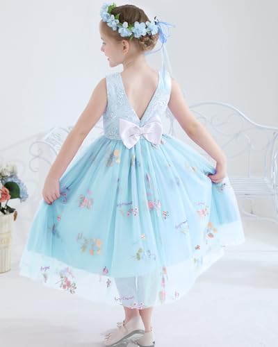 DeeFant Flower Girl Dress for Wedding Toddler Tulle Embroidered Lace V-Back Formal Birthday Party Dresses with Headband (Blue,2-3T) — view 4