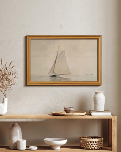 Image of HUARCEY Gold Framed Vintage Wall Art for Living Room, Seaview Painting Prints Shelf Decor for Kitchen, Aesthetic Bedroom Large Wall Art, Gifts for Friends or Family (White Sailboat - 16 inchx24 inch)