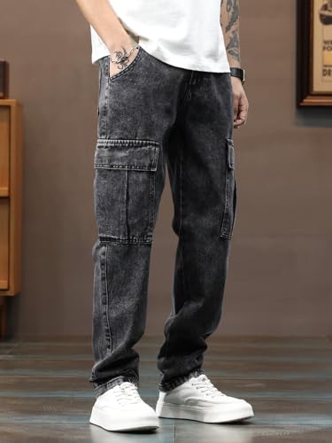 Men's Tapped and Wide Leg Jeans Non-Stretch Loose Fit Hip Hop Cargo Jeans with Multi-Pocket3