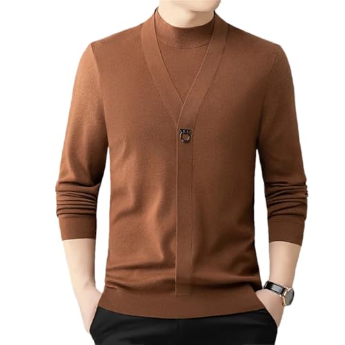 Men Spring-Autumn Fake-Two Piece Pullover Sweaters Business Solid Color Long Sleeve Wool Blended Knitwear Tops