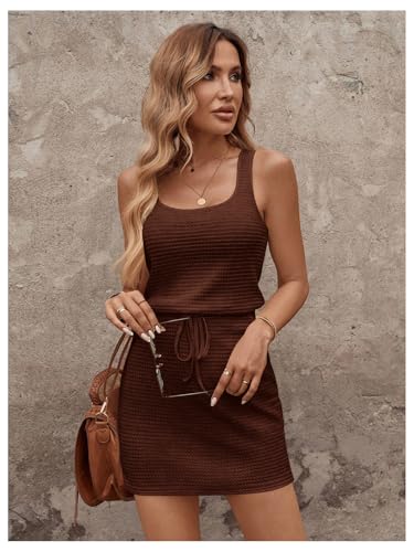 Image of RoseSeek Women's Waffle Knit Belted Tank A Line High Waisted Dresses Square Neck Sleeveless Summer Short Dress