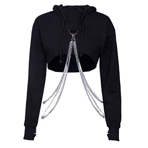 Femme Sweat À Capuche Mode Chaîne Épissure Gothique Punk Hoodies Sexy Hors Épaule Crop Tops Manche Longue Chemisier Slim Fit Fermeture Éclair Tops Con Cordon de Serrage, Noir Rouge