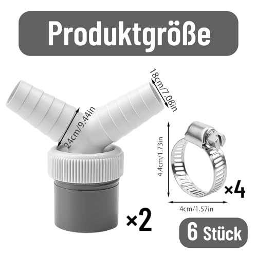 Waschmaschine Abfluss Adapter 6-in-1 Set, Doppelanschluss für Waschmaschine und Geschirrspüler, Y-Adapter mit 19-24 mm Anschluss, Platzsparende Lösung für kleine Waschküchen