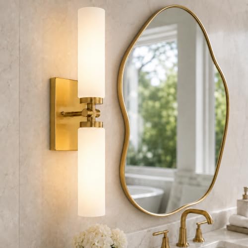Image of Emak 21 Inch Brushed Gold Bathroom Light Fixtures, 2-Light Vanity Lights with Milk Glass Shade, Modern Wall Sconce for Bathroom, Mirror, VL086-BGD-ML-2