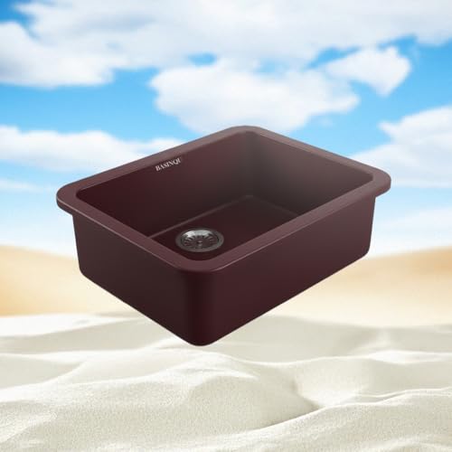Image of BASINQU Quartz Sink for Kitchen | 24x18x9 Inches Brown Single Bowl Sink For Kitchen Basin Round Corner Kitchen Sink | Granite UV Protected Scratch Resistant, Undermount /Topmount Kitchen Sinks