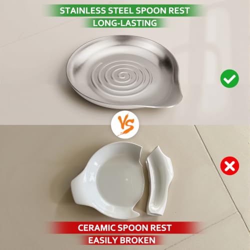 Image of VanlonPro Stainless Steel Spoon Rest, Spatula Ladle Holder, Stainless Steel Utensil Spoon Rest Holder, Brushed Finish, Dishwasher Safe 5.9 x 5.1 Inch (Round Swril Silver 1PC)