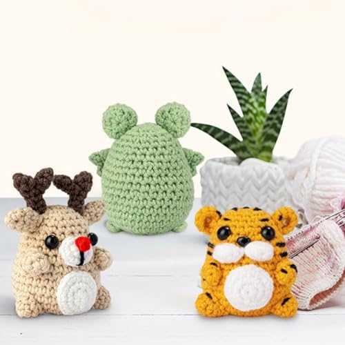 SUNNYCLUE Crochet Animal Kits Crochet Kit Animals Elk Tiger Frog Knitting Kits Crochet Starter Kits Step-by-Step Video Tutorials Instructions Crochet Kits for Beginners Adults Women DIY Craft Gifts