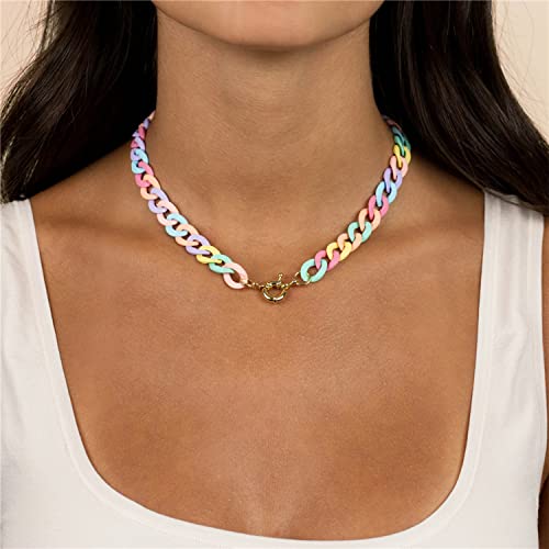 Yertter Dainty Cute Colorful Rainbow Acrylic Resin Flat Chain Chunky Chain Choker Bracelet For Teens Women Girls (Choker) #TOP23