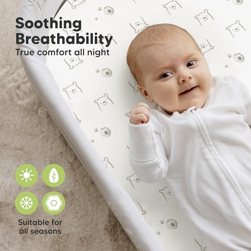 Image of 2-Pack Organic Bassinet Sheets for Girls, Boys - 100% Cotton Bassinet Mattress Sheets Compatible with Halo Bassinest Swivel Sleeper, Graco, Baby Delight, Chicco, Fitted Bassinet Sheets (Bumble Bear)