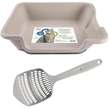 KittyGoHere 2.0 Easy-Entry Cat Litter Box Large Open-Top Low Entrance Litter Pan with Higher Sides & Two Entrances Misty Gray, Large with Scoop
