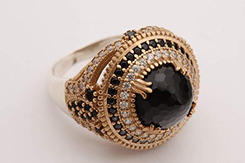 Turkish Handmade Jewelry Round Shape Black Onyx and Round Cut White Topaz 925 Sterling Silver Ring Size All