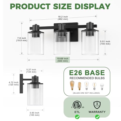 Image of DORESshop 20 Inch 3-Light Upgraded Black Bathroom Light Fixture