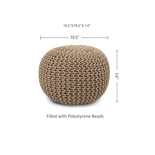 REDEARTH Round Pouf Ottoman - Hand Knitted Cable Boho Poof Home Décor Pouffe Circular Footrest for Living Room - Bedroom - Lounge - 100% Cotton (19.5"x19.5"x14") - Beige