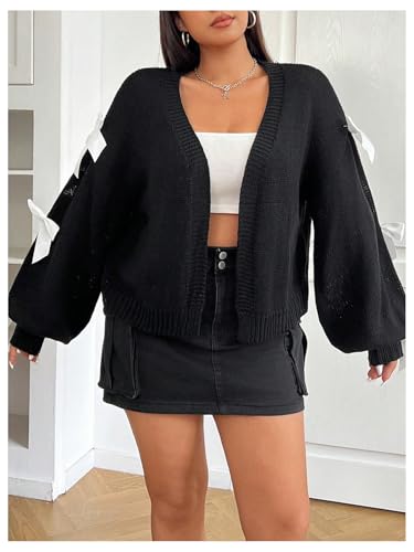 Verdusa Women's Plus Size Bow Knot Open Front Cardigan Long Sleeve Drop Shoulder Knitted Sweaters3
