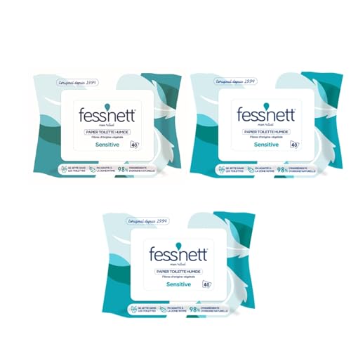 fess'Nett Sensitive 3X40 Feuilles de Papier Toilette Humide Jetable dans les Toilettes - Papier WC Humide Alternative aux Lingettes Nettoyantes - Fibres...