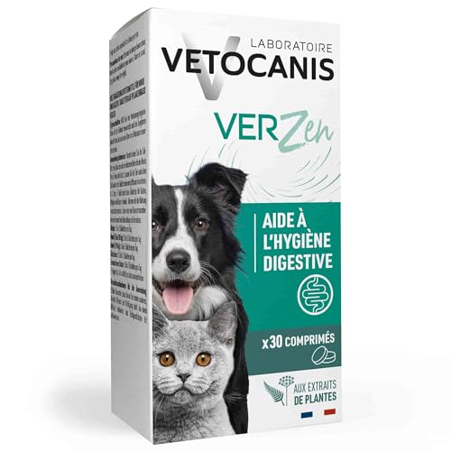 Vetocanis – Aliment Complémentaire pour Chiens et Chats, Bien-Être Intestinal et Hygiène Digestive, Formule aux Plantes, 30 Comprimés, Arôme Viande, Toutes Races et Âges, Fabriqué en France