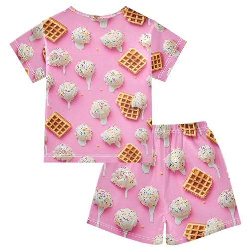ALAZA Ice Cream Ball Waffle Pajamas Set Short Sleeve Cotton Sleepwear Summer Pjs 2 Piece 5-14Y2