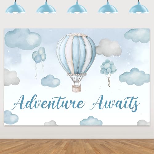 Toile de fond montgolfière bleue pour fête prénatale et cadeau surprise