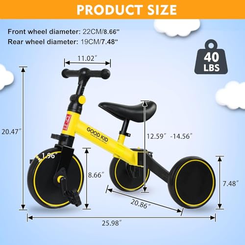 SKY-TOUCH 4 in 1 Kids Balance Bike Kids Tricycles for 1.5-5 Years, Toddlers Trike with Adjustable Seat Indoor Outdoor, Boys Girls Kids First Birthday Gifts Yellow
