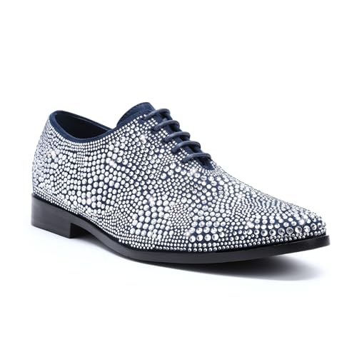 AUSTIN MILL Mens Rhinestone Designer Oxford Suede Non Slip Lace up Dress Shoes Wedding Party Prom Shoe Blue