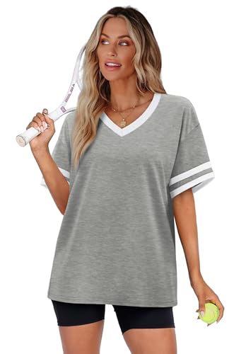 Image of WIHOLL Womens T Shirts Loose Fit Short Sleeve Tees V Neck Color Block Summer Tops 2026 Fashion S-4XL