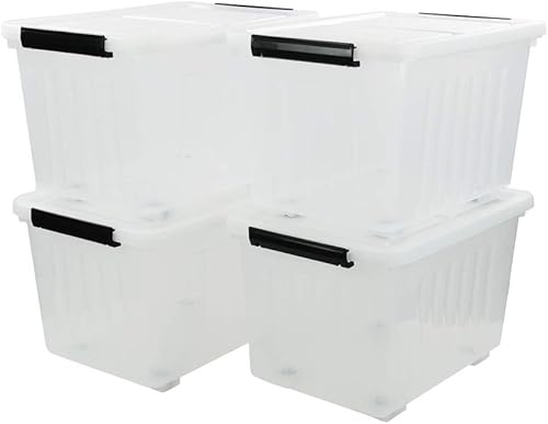 Callyne Paquete de 4 cubos de almacenamiento de plástico transparente con tapa caja de almacenamiento de plástico grande de 42 L